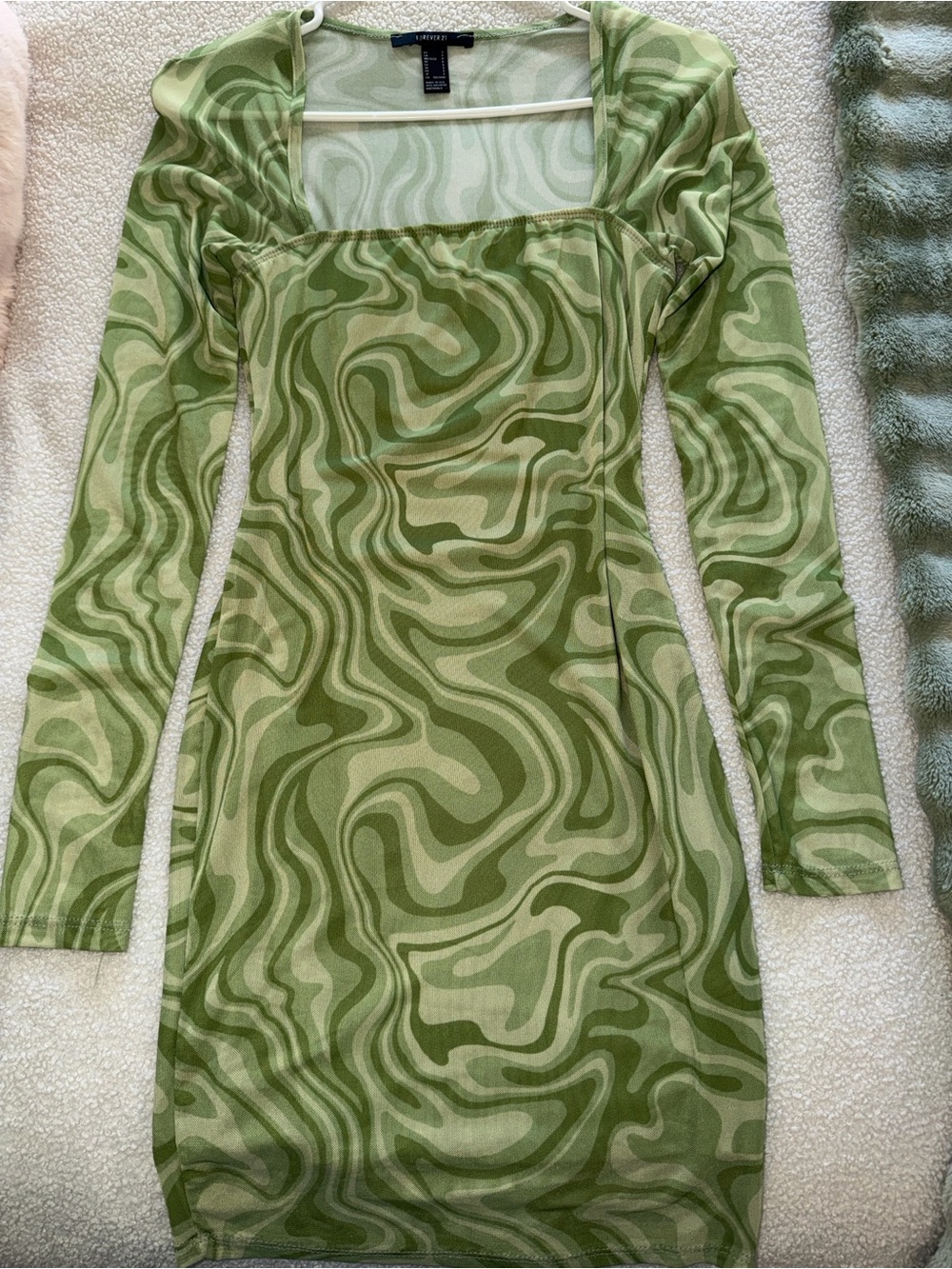Forever 21 Olive and Light Green Swirl Long Sleeve Square Neck Dress